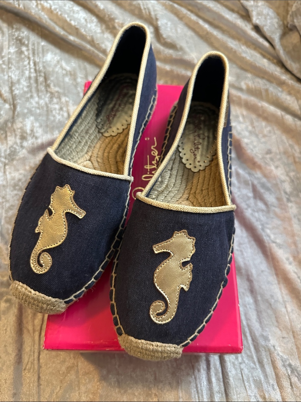 Lilly Pulitzer Navy Canvas Espadrilles with Gold Seahorse Applique